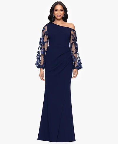 Betsy & Adam Petites Scuba Crepe Asymmetrical-Neck Long Dress