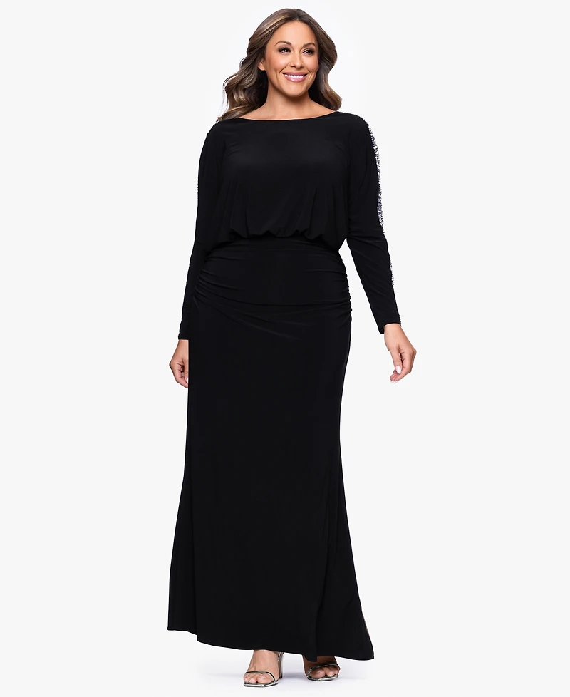 Betsy & Adam Plus Scoop-Neck Long-Beaded-Sleeve Dress