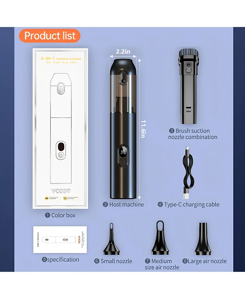 14KPA 4-in-1 Mini Cordless Vacuum Cleaner Portable Ai Handheld Vacuum with Type-c Charge for Car and House