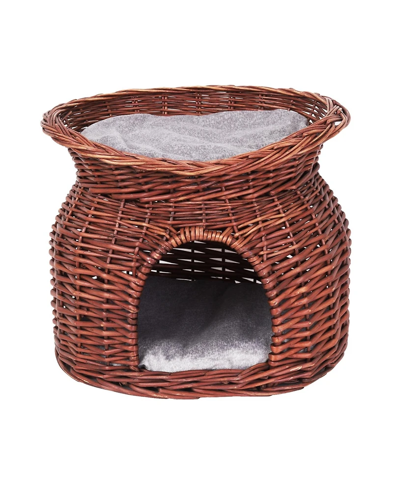 Bingopaw 2-Tier Elevated Cat Bed Wicker Ratten Cat Basket Cave W/ Soft Cushion