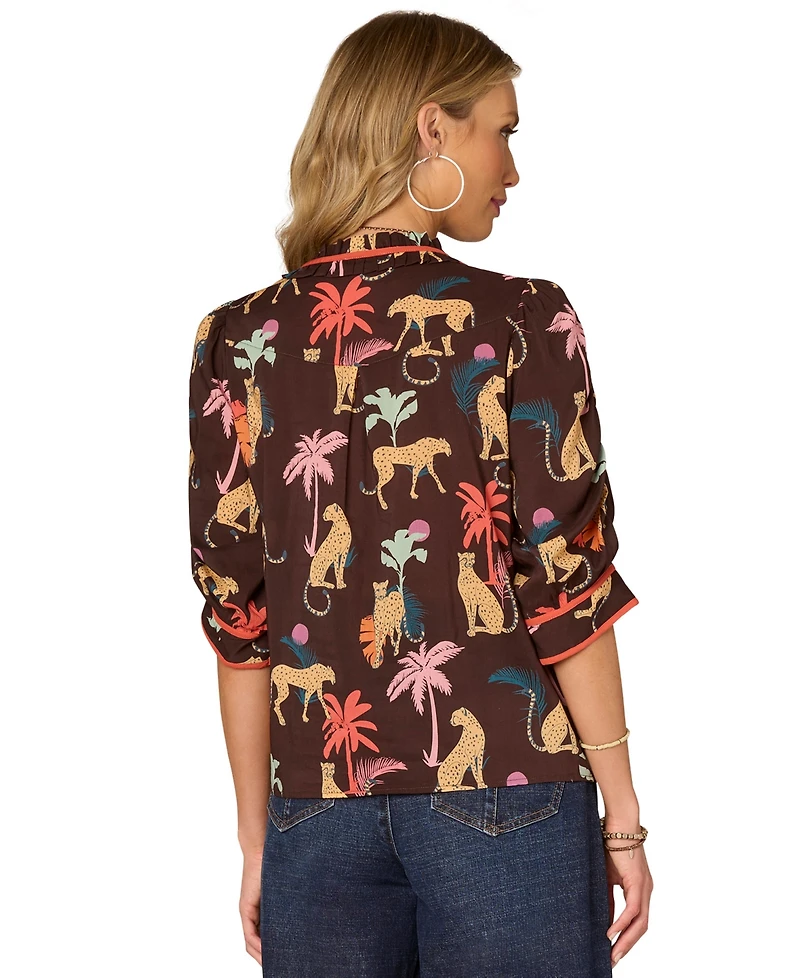 Democracy Petite Printed Split-Neck Ruched-Sleeve Top