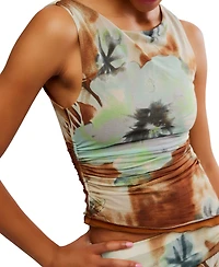 Free People Women's Ash Printed Ruched Mesh Top