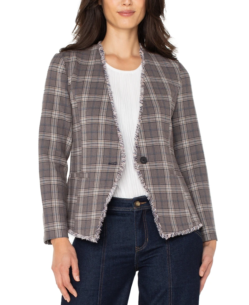 Liverpool Los Angeles Petite Frayed-Trim Plaid Blazer