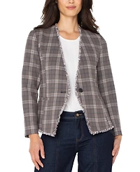Liverpool Los Angeles Petite Frayed-Trim Plaid Blazer