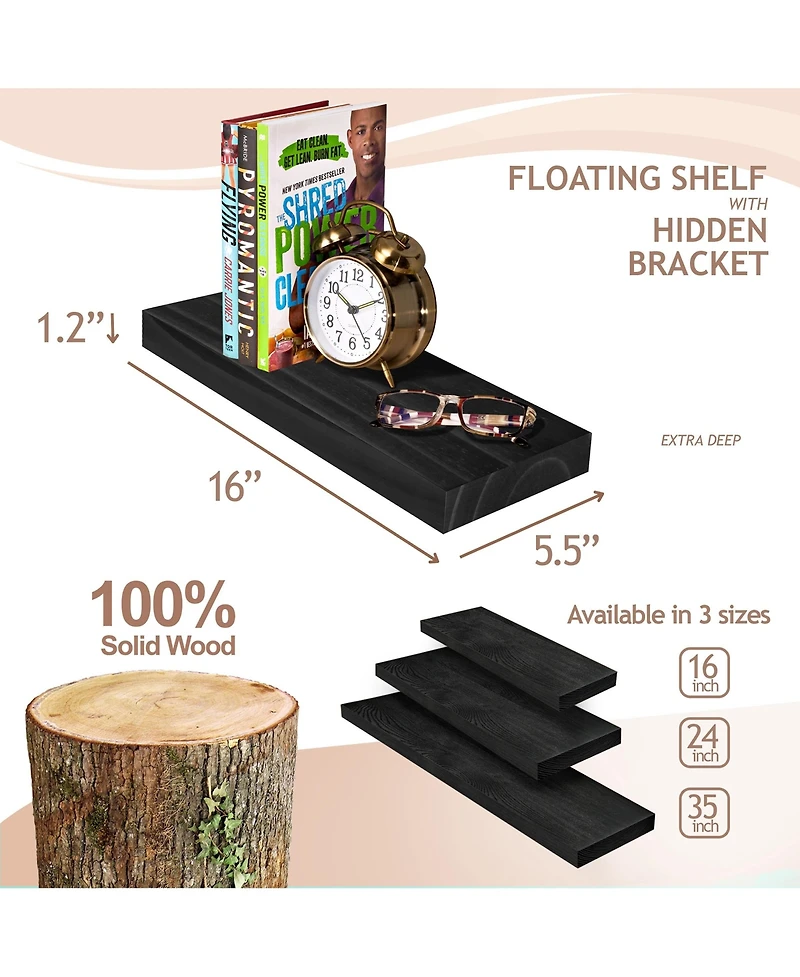 Sorbus 2 Pack 16" Solid Wood Floating Shelves - for Bathroom Decor, Books, Bedroom & Living Room