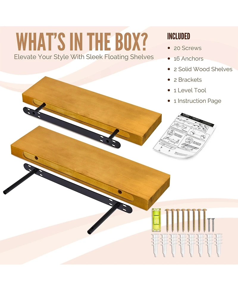 Sorbus 2 Pack 16" Solid Wood Floating Shelves - for Bathroom Decor, Books, Bedroom & Living Room