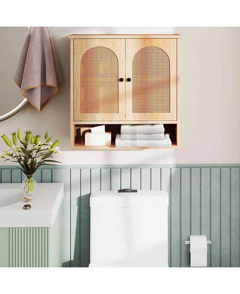 Slickblue Bathroom Wall Cabinet with Adjustable Shelves Open Cube and Rattan Doors
