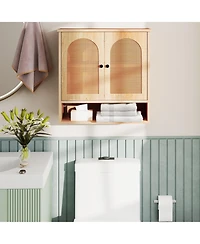 Slickblue Bathroom Wall Cabinet with Adjustable Shelves Open Cube and Rattan Doors