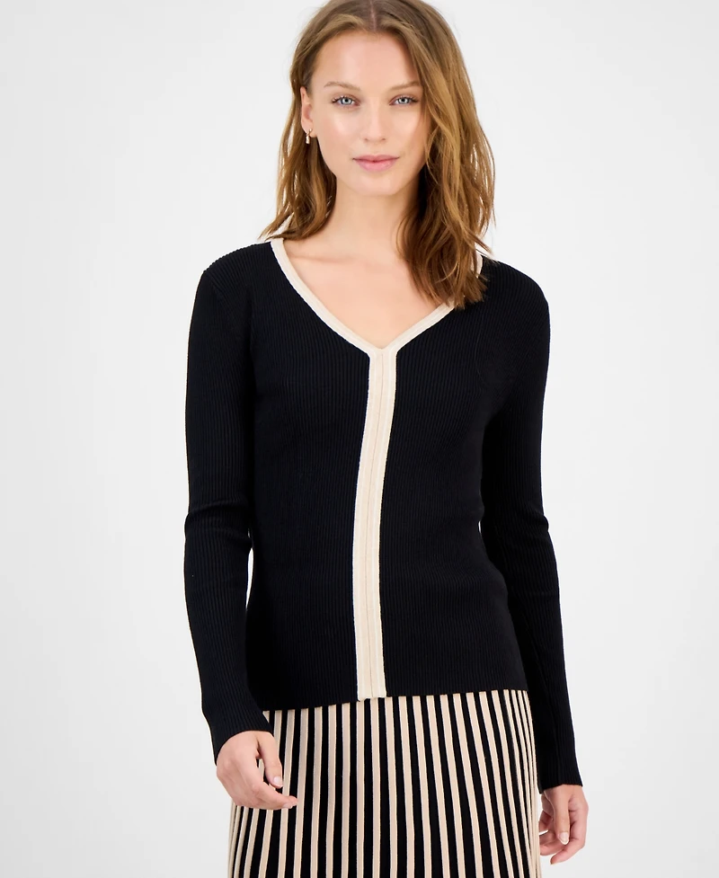 T Tahari Women's Contrast-Trim Knit Top