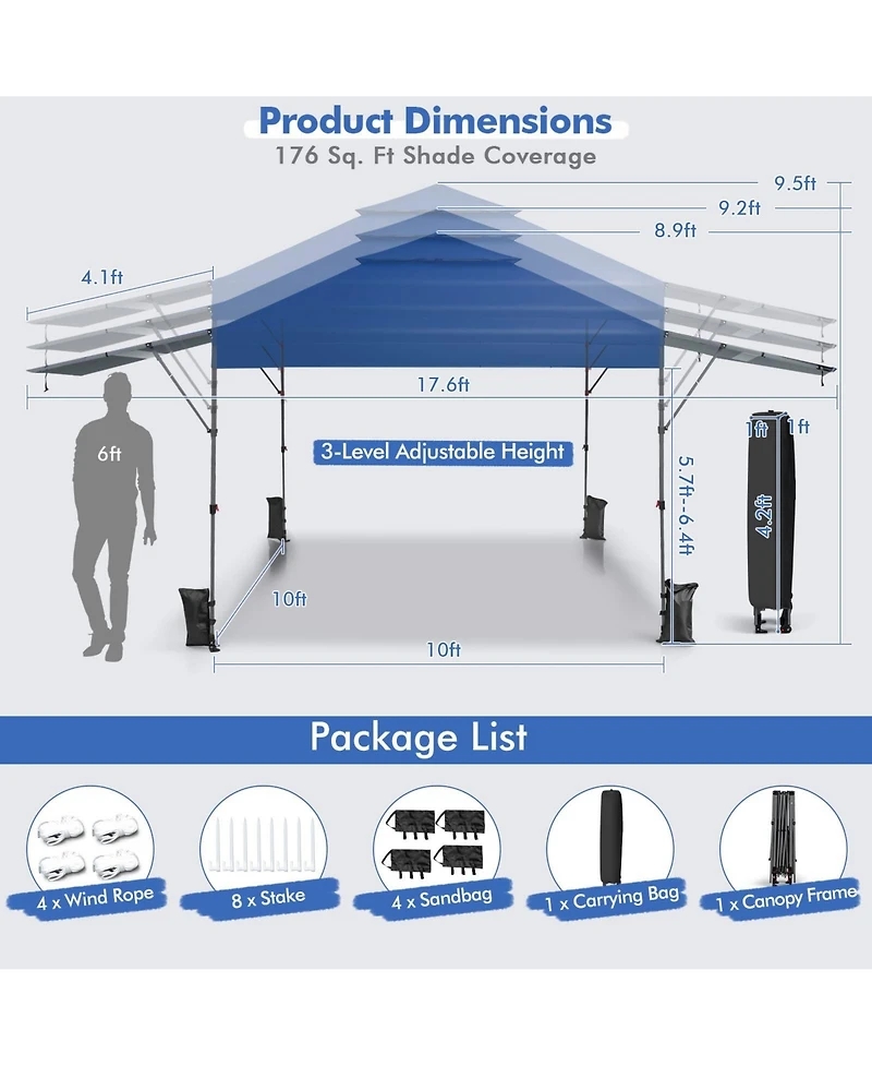 10 x 17.6 Feet Outdoor Instant Pop-up Canopy Tent with Dual Half Awnings