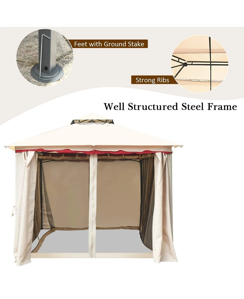 13x10 Feet Patio Steel Gazebo, Large Outdoor Canopy Gazebo with Netting, Side Walls, Zippers, 2 Tier Roof, Steel Canopy Gazebo for Patio, Yard, Garden