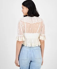 And Now This Women's V-Neck Ruffle-Trim Mesh Top, Exclusively at Macy's