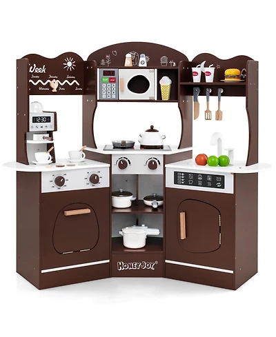Corner Wooden Play Kitchen with Coffee Machine and Slide for Kids