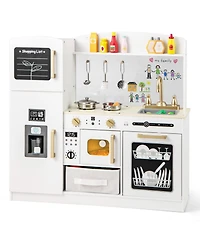 Wooden Kids Kitchen Playset with Chalkboard Ice Maker Sink Lighted Microwave