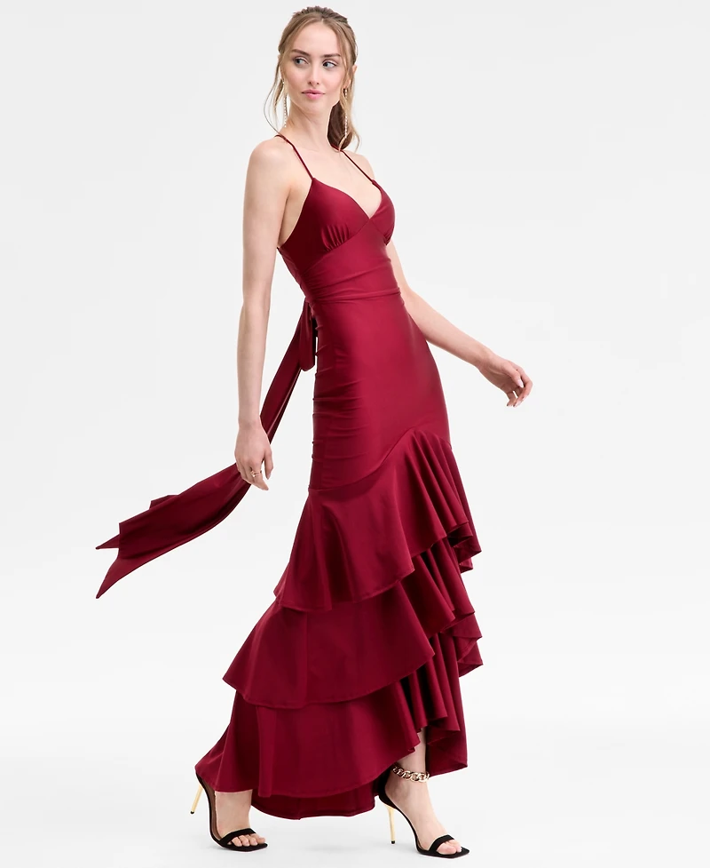 Katia Rae Juniors' V-Neck Ruffled Tie-Back Gown