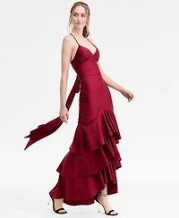Katia Rae Juniors' V-Neck Ruffled Tie-Back Gown