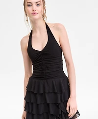 Emerald Sundae Juniors' Asymmetric Ruffled Halter Bodycon Dress