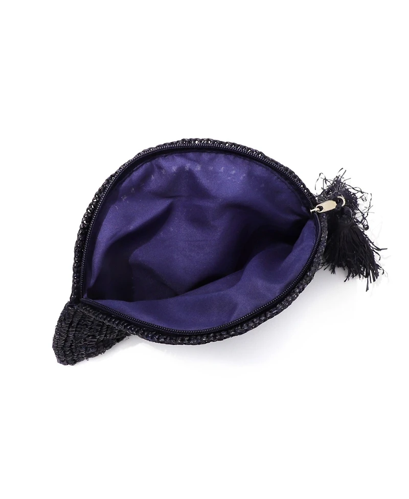 Adornia Navy Raffia Moon Clutch