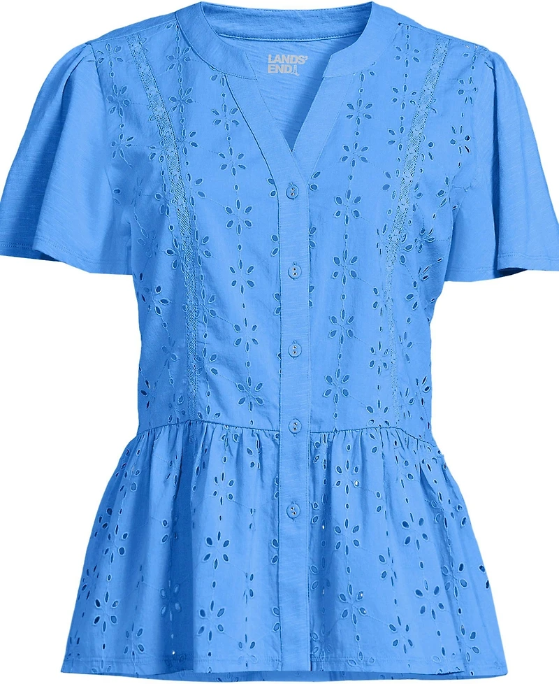 Lands' End Women's Short Sleeve Mixed Media Eyelet Top