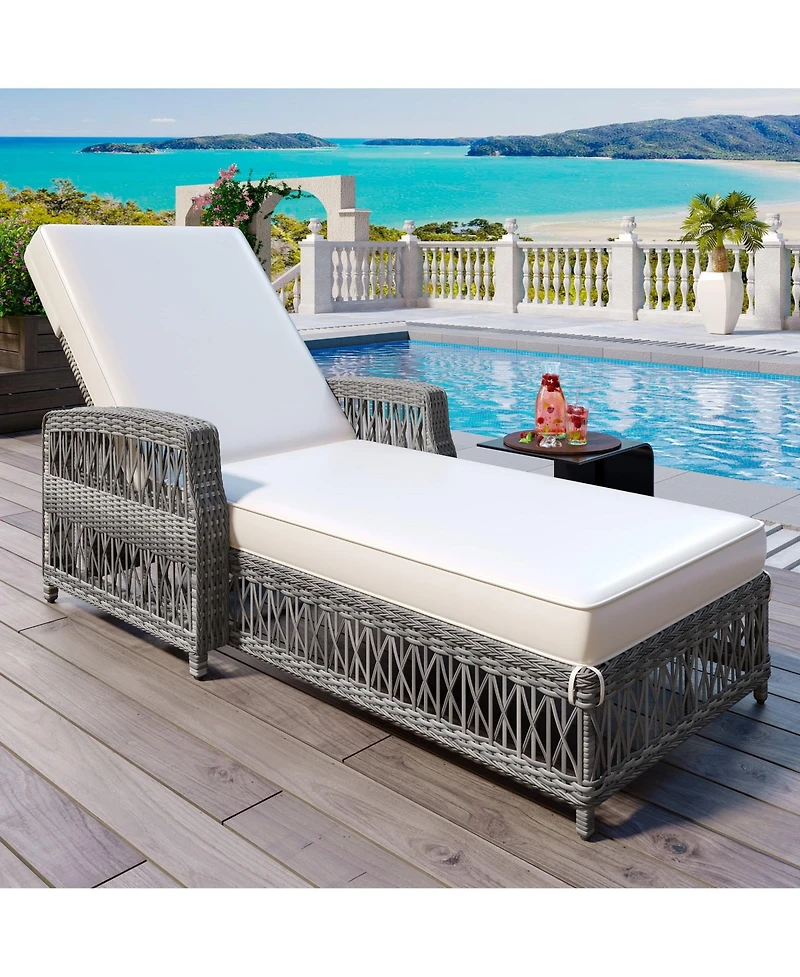 Mondawe Outdoor Wicker Lounge with Armrests, Patio Adjustable Recliner Soft Removable Cushions