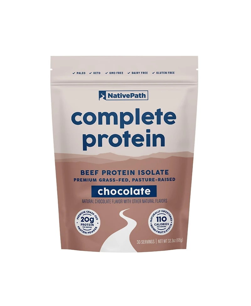 NativePath Complete Beef Protein Powder Isolate – 20g Protein, Chocolate Flavor, 30 Servings