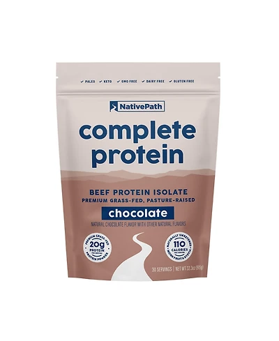 NativePath Complete Beef Protein Powder Isolate – 20g Protein, Chocolate Flavor, 30 Servings