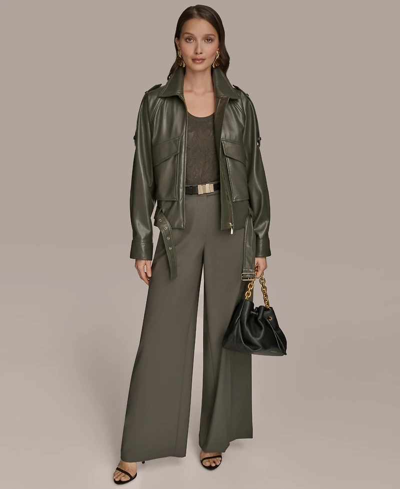 Donna Karan New York Women's Faux-Leather Zip-Front Belted Jacket
