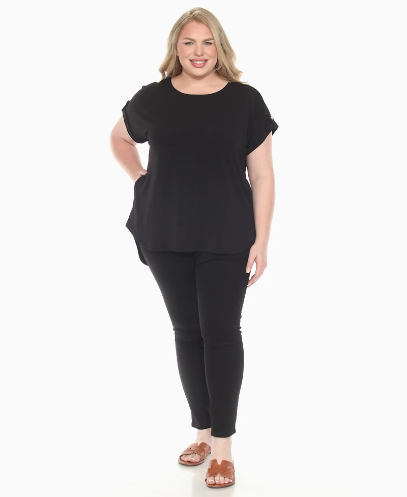 White Mark Plus Folded Short Sleeve Solid Top