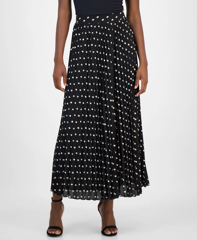 T Tahari Women's Dot-Print Pleated Flared Maxi Skirt