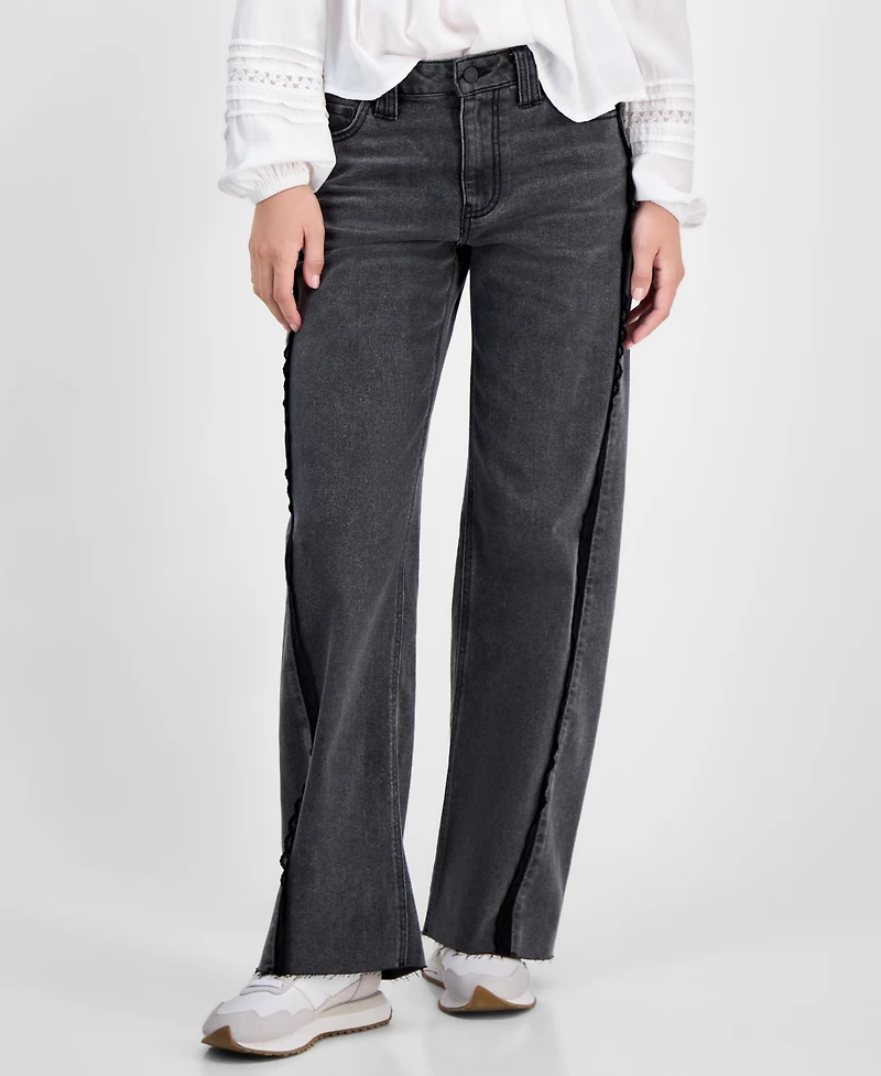 Tinseltown Juniors' Mid-Rise Lace-Seamed Baggy Jeans