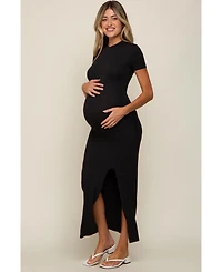 Pinkblush Black Mock Neck Front Slit Short Sleeve Maternity Maxi Dress
