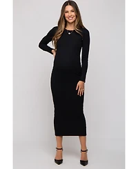 Pinkblush Maternity Black Ribbed Fitted Long Sleeve Midi Dress