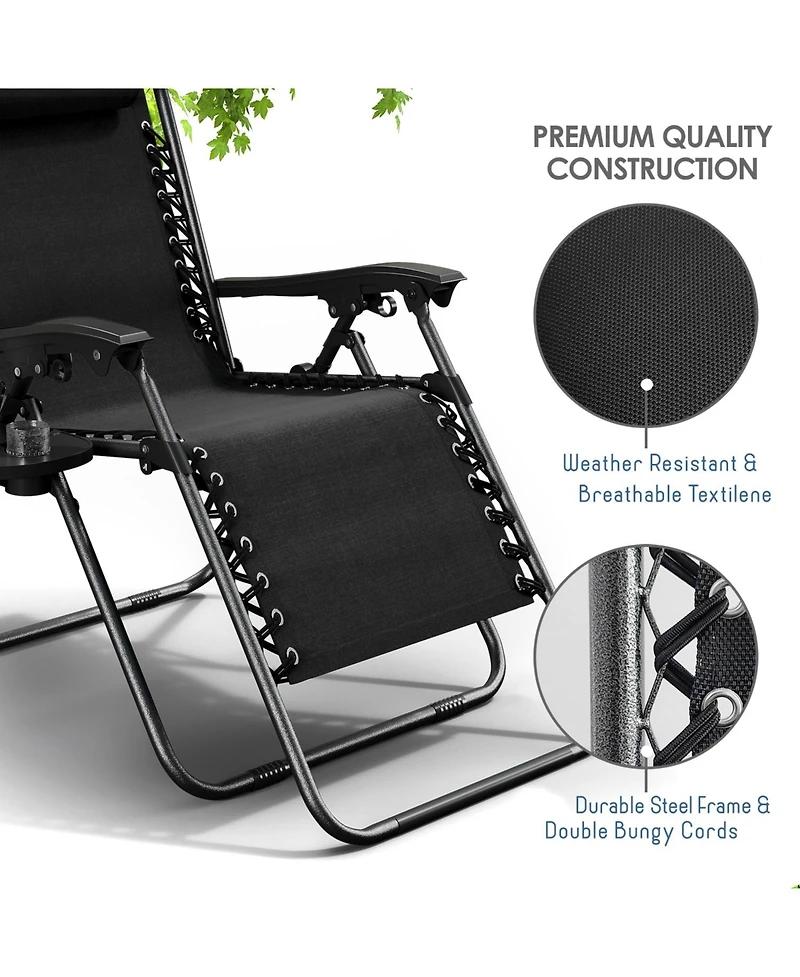 Outdoor Patio Zero Gravity Chairs Set of 4 - Reclining Lounge with Pillows & Cup Holders