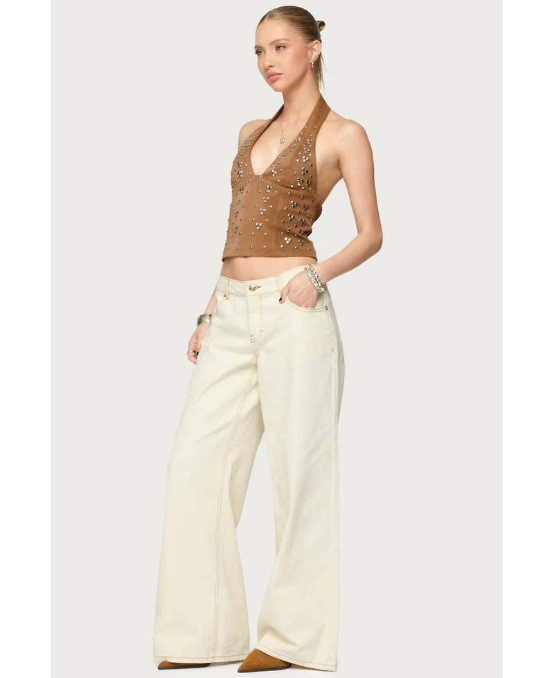 Edikted Women's Contrast Stitch Low Rise Wide Leg Jeans