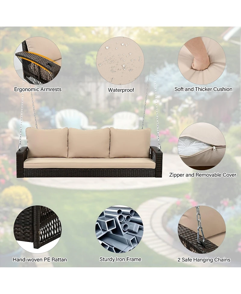 69" Pe Wicker 3-Person Porch Swing with Cushions