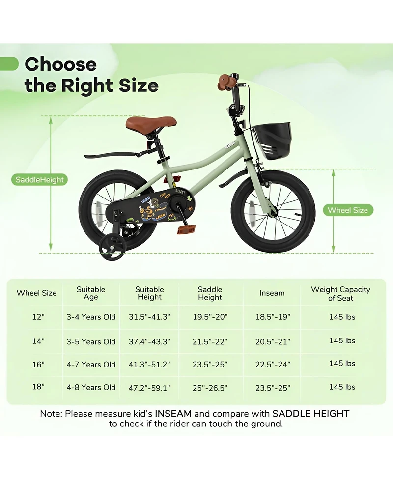 Kids Bike with Training Wheels Adjustable Seat Handlebar for Ages 4 to 7