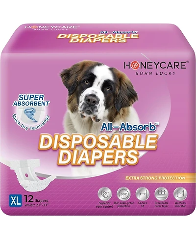 HoneyCare All-Absorb Disposable Female Dog Diapers, Super Absorbent, Breathable, Wetness Indicator, XLarge, 21-31 inches, 24ct