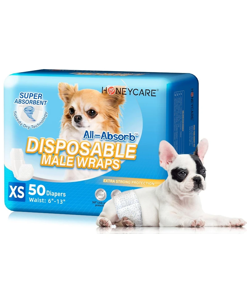 HoneyCare Paw & Dog Bone Print All-Absorb Male Dog Wrap, XSmall, 100ct