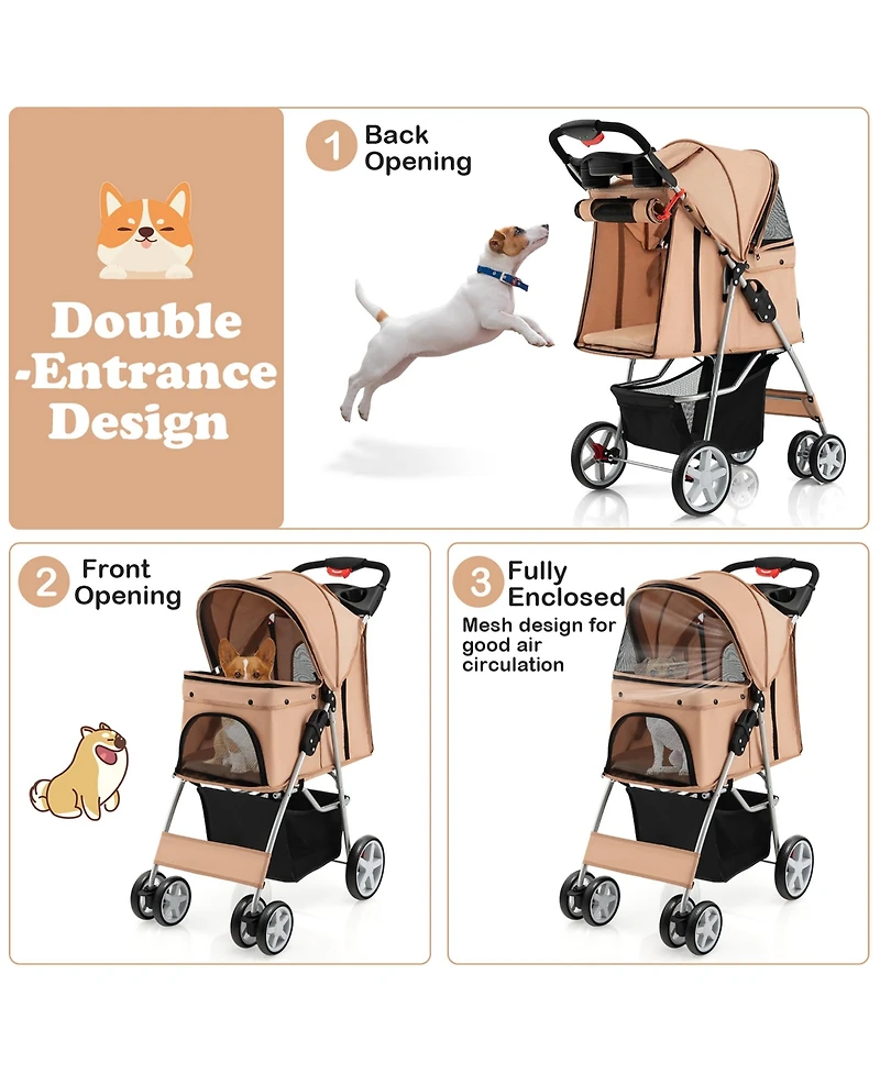 Gymax Folding Pet Stroller 4-Wheel Pet Travel Carrier w/Storage Basket