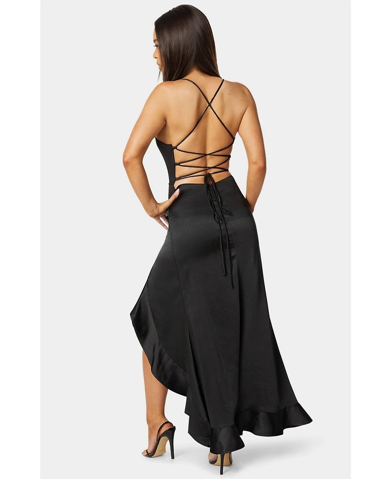 Bebe Women's Satin Ruffle Maxi Lace Up Back