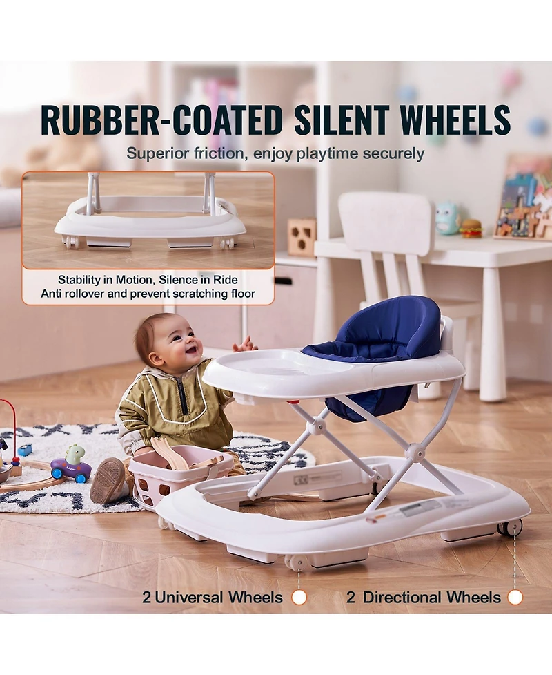 Slickblue Kids Anti-Rollover Foldable Baby Walker with Adjustable Height Wheels and Feeding Tray