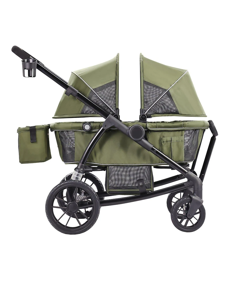 Slickblue Toddler All-Terrain Stroller Wagon with 2 Seats Foldable Design Canopy Snack Tray and Cup Holders
