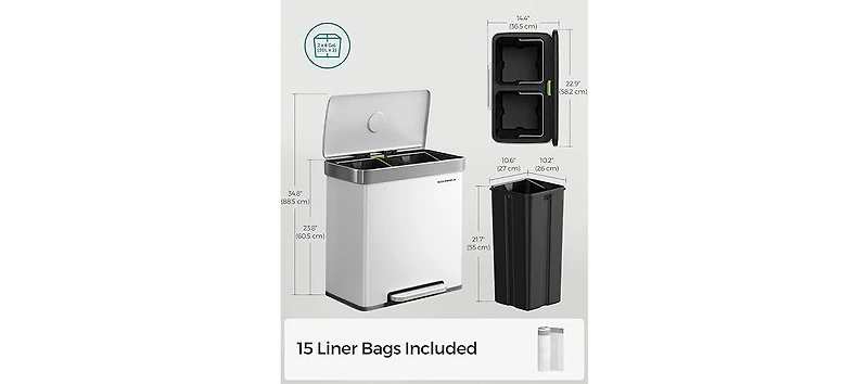 Songmics Home 16 Gallon Dual Compartment Trash Can with Removable Buckets, White