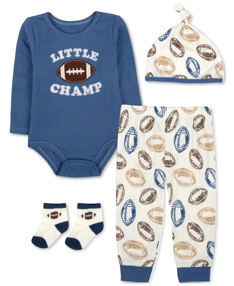 Baby Essentials Boys Little Champ Football Bodysuit, Pants, Cap & Socks, 4 Piece Set