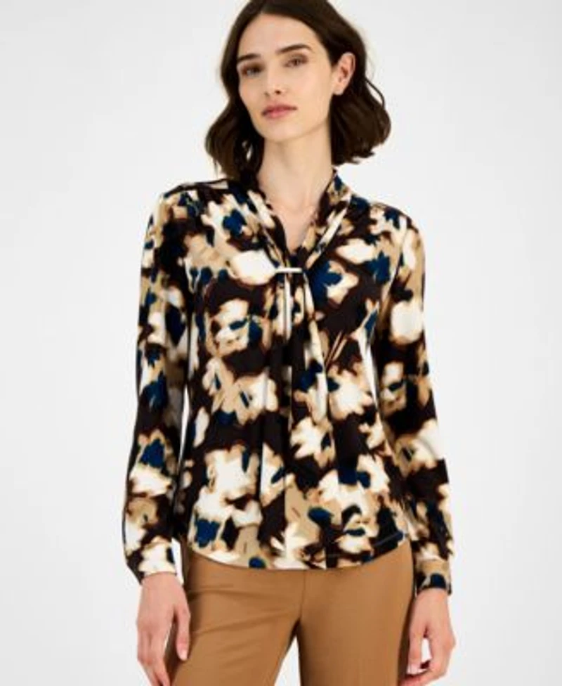 Anne Klein Womens Scarf Neck Printed Blouse P Xxs Xxl