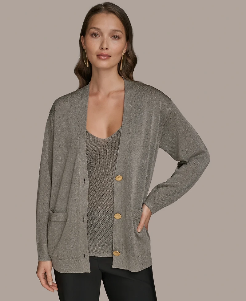 Donna Karan New York Women's Long-Sleeve Metallic Three-Button Cardigan Sweater
