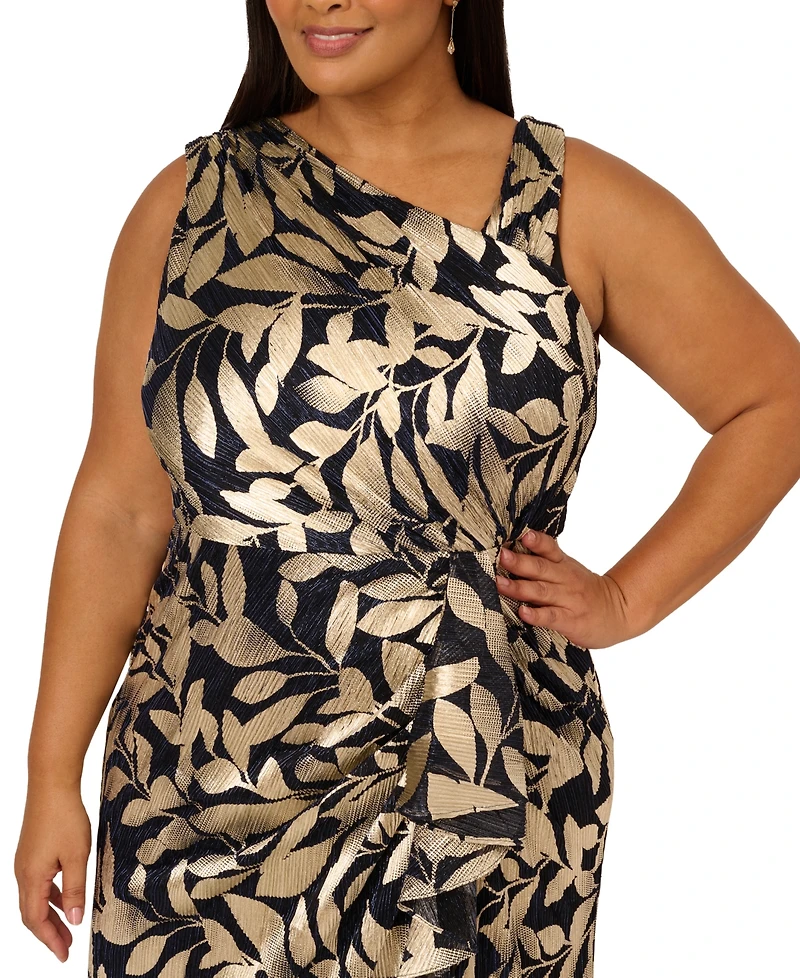 Adrianna Papell Plus Size Foil-Print Asymmetric Gown