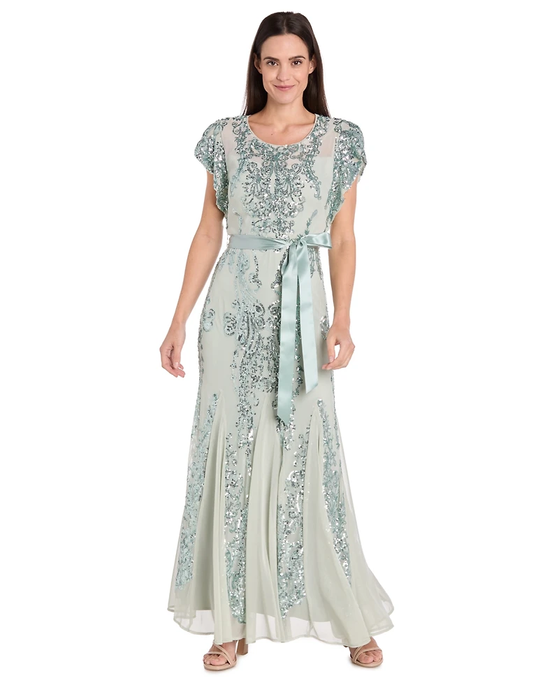 R & M Richards Women's Short-Sleeve Sequined Gown