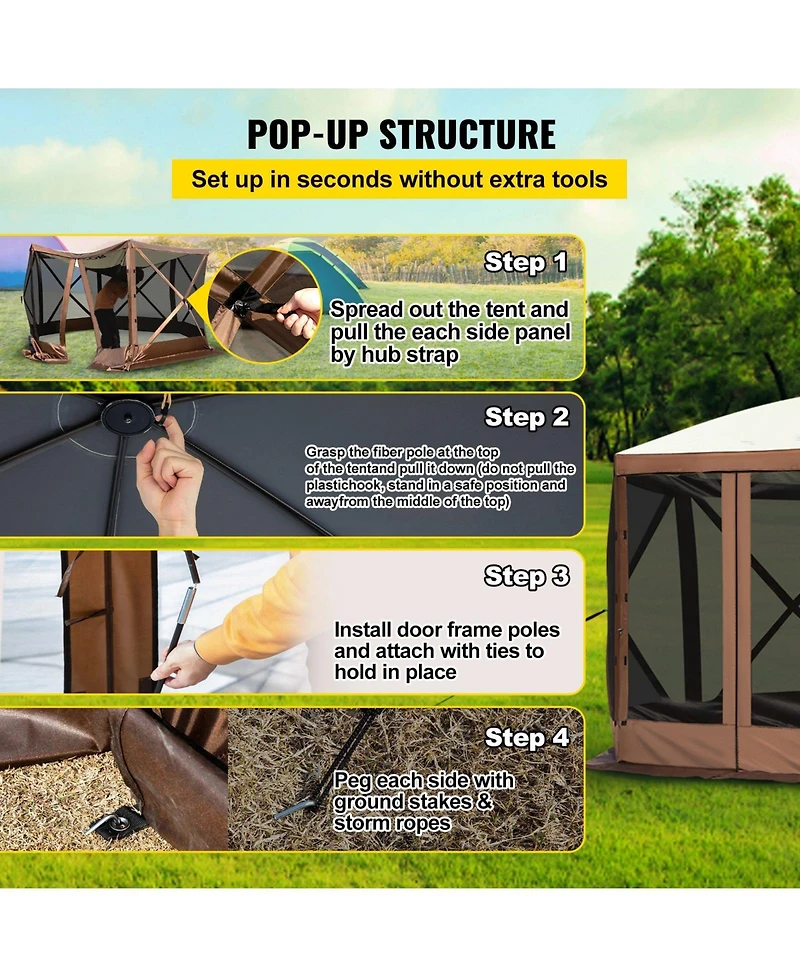 Slickblue 6-Sided Pop-Up Camping Gazebo Tent for 8 Person Waterproof Screen Shelter with Bag