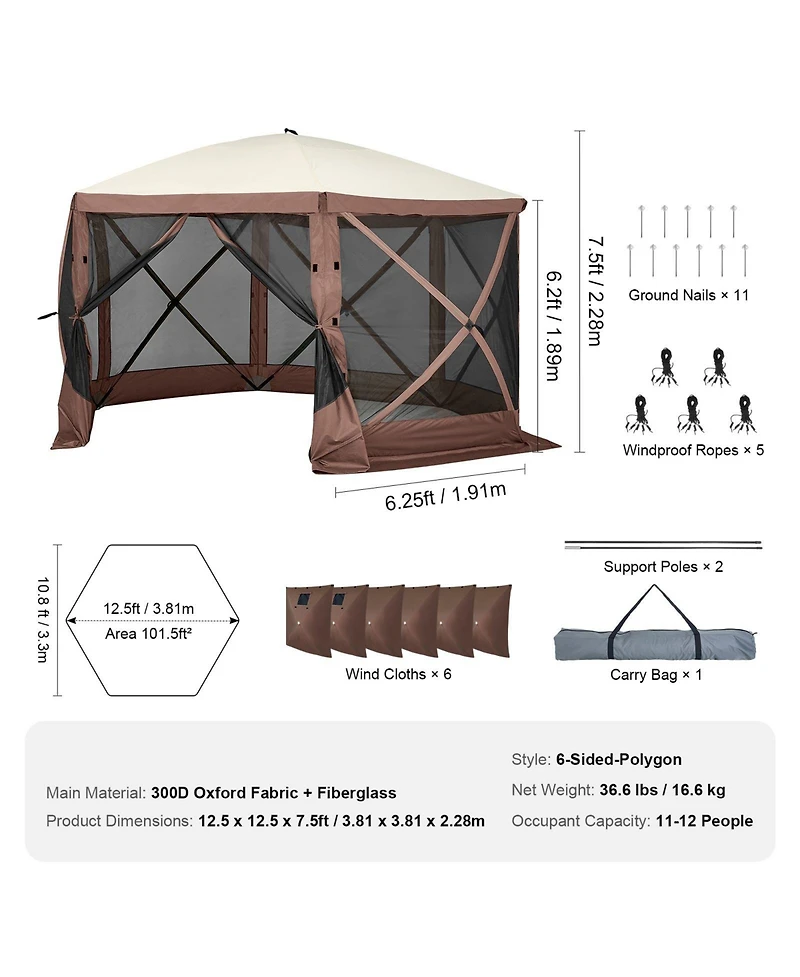 Slickblue Quick Set Pop Up Screen Tent 6 Sided Canopy with Privacy Cloths and Mosquito Netting